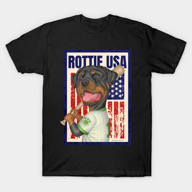 Rottie red white blue pastime Rottweiler Holding Baseball Bat USA T-Shirt by Danny Gordon Art